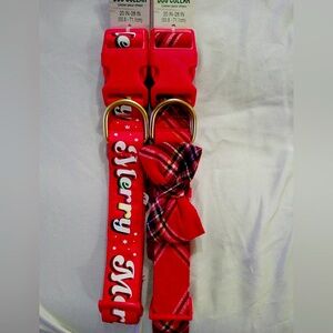 2 Merry & Bright Festive Dog Collars:  Ted Plaid Bow and Red Merry (XL)